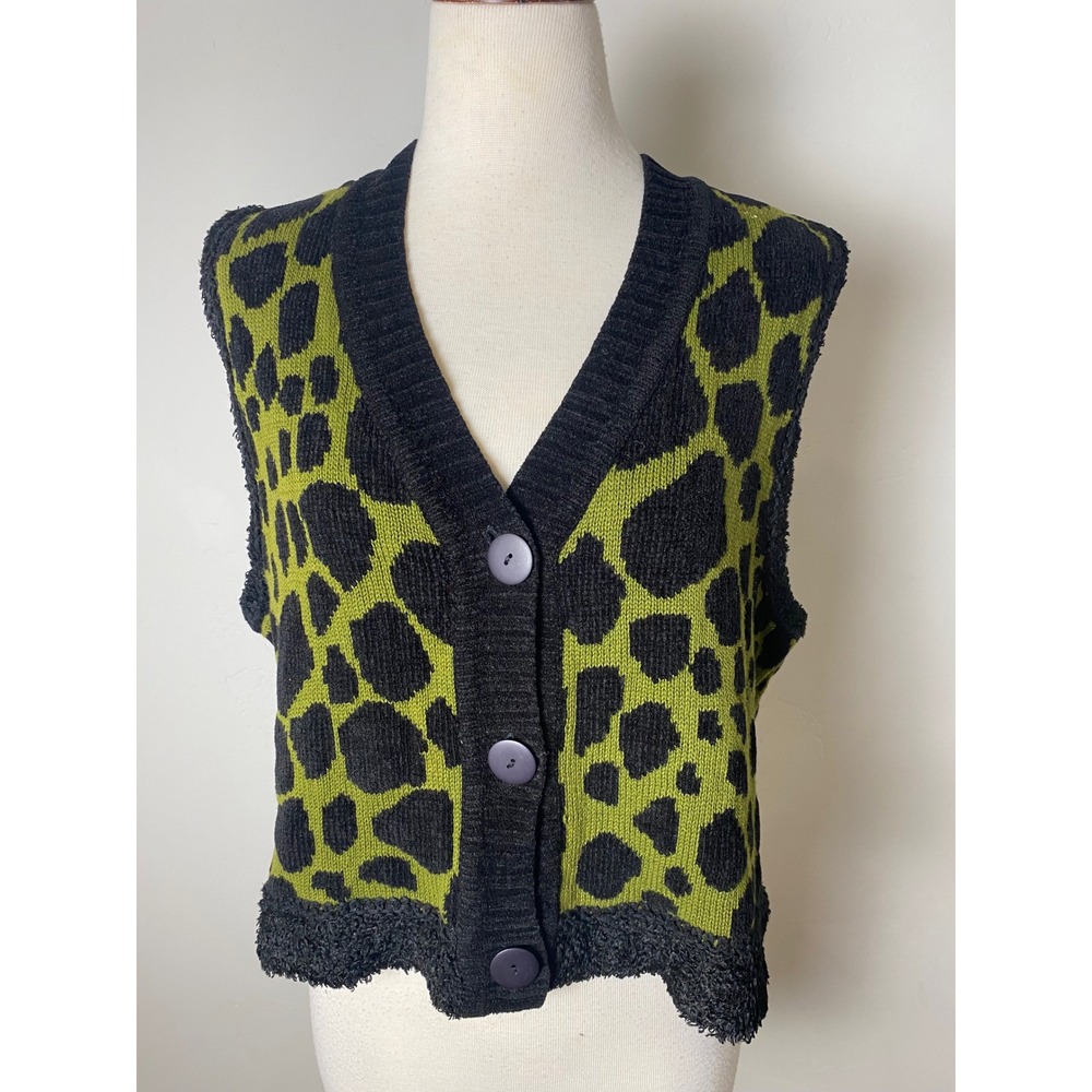 Vintage 90s Richard and Company Lime Green Black Animal Print Knit Sweater Vest